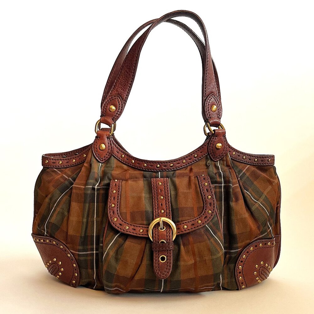MOSCIHNO Brown & Green Plaid Nylon & Leather Shoulder Hobo Tote Bag Purse